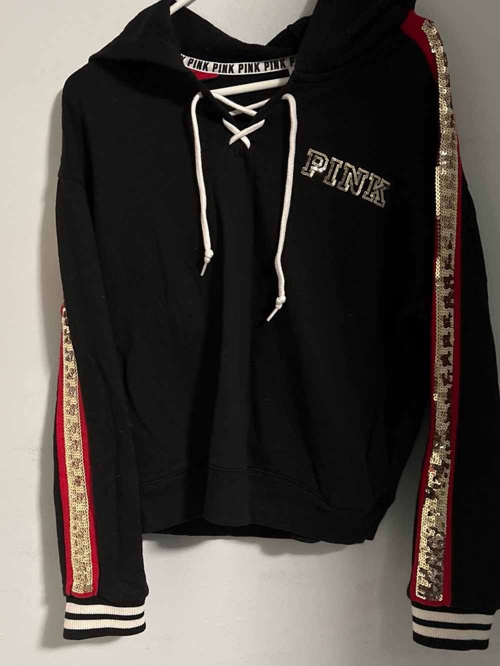 Victoria's Secret PINK Black Hoodie Sweater with Gold Sequin & Red Stripes